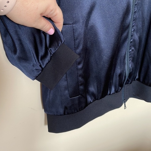 ROYL Navy Blue Silk Double Zipper Bomber Jacket - Picture 5 of 7